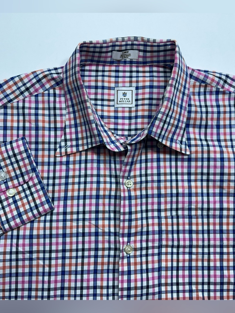 Peter Millar Button Down Dress Shirt Mens Large Long Sleeve Plaid Cotton Pocket